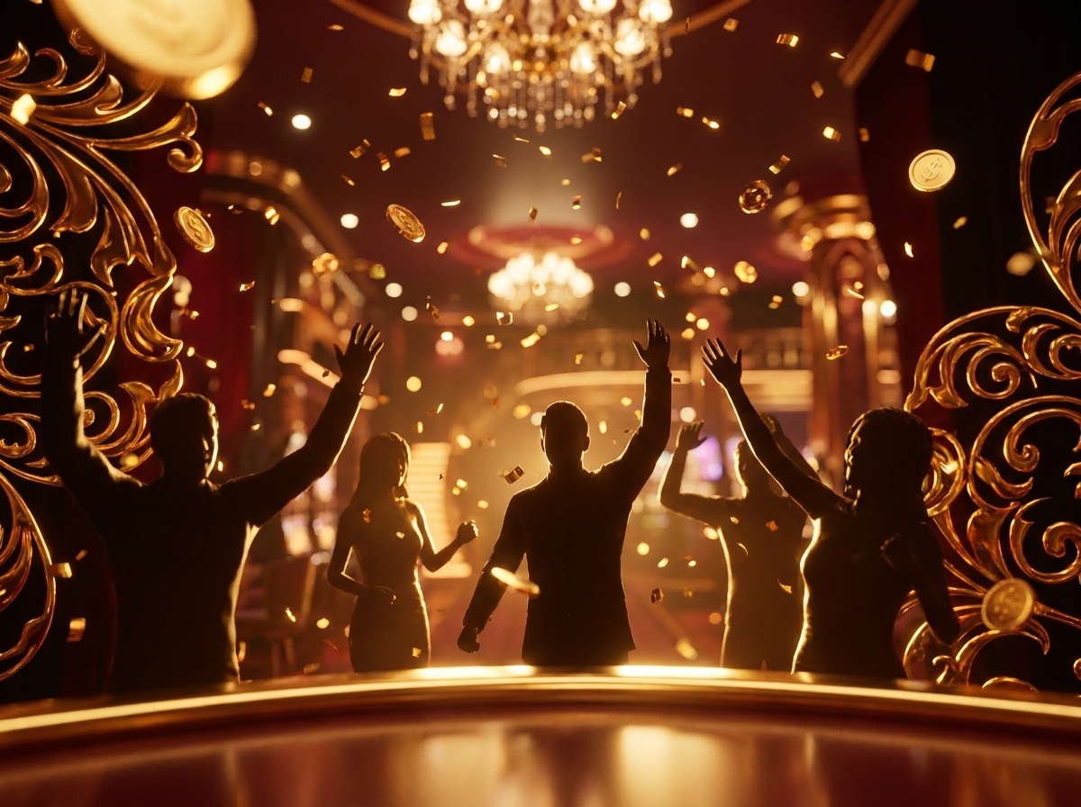 Players cheering with raised arms under a chandelier as gold confetti falls