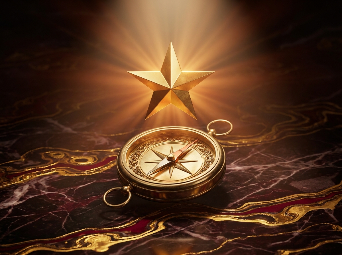 Golden star shining above a brass compass on marble