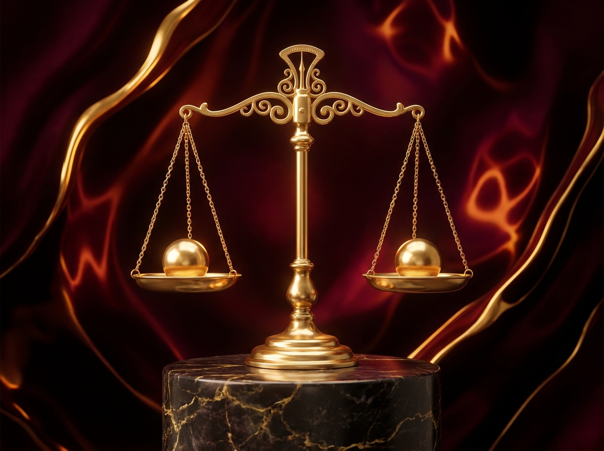 Gold balance scale standing level on a marble plinth