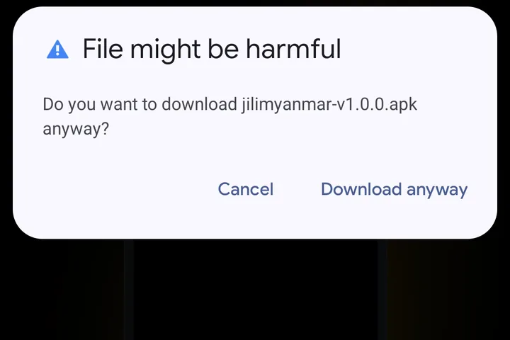 JILI APK download in Chrome: the “File might be harmful” box asking to download jilimyanmar-v1.0.0.apk anyway, with Cancel and Download anyway buttons
