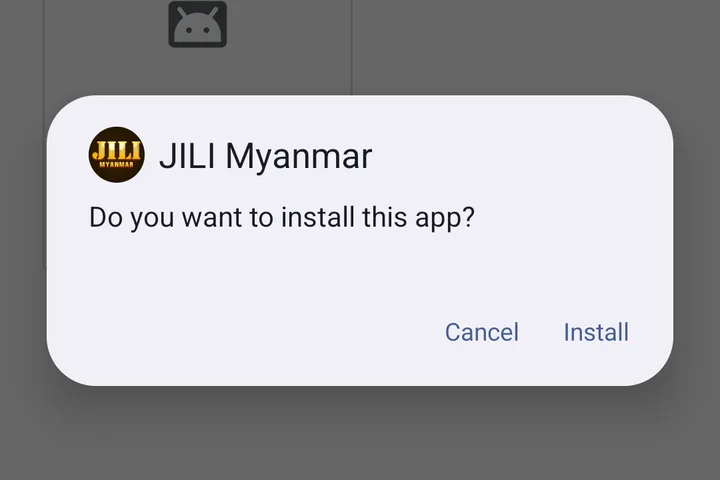 Android install box with the gold JILI icon and the name JILI Myanmar asking “Do you want to install this app?”, with Cancel and Install buttons