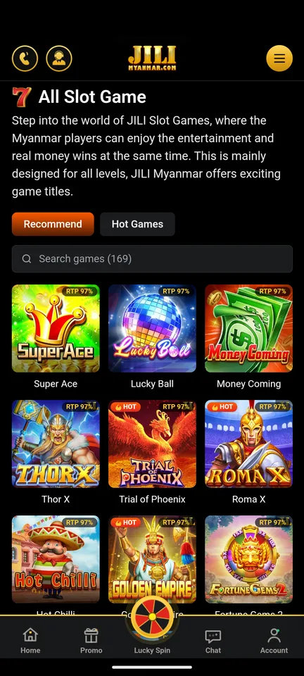 JILI Myanmar app open full screen with no browser bar on the All Slot Game list: Recommend and Hot Games tabs, a search box for 169 games, and Super Ace, Lucky Ball, Money Coming, Thor X, Trial of Phoenix and Roma X tiles